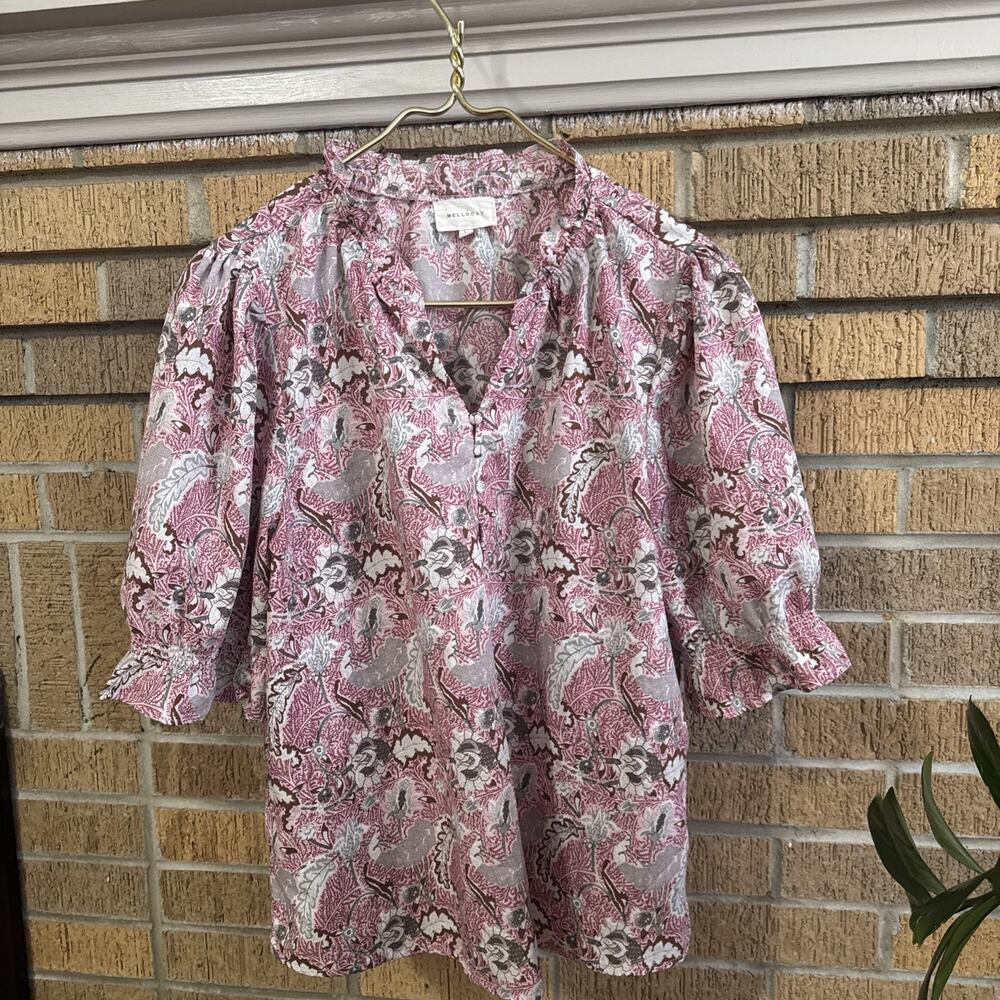Melloday Floral Blouse Women's Sz L Pink Boho Cottagecore Ruffle Neck Top Smock